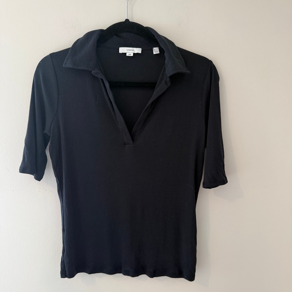 Vince Black Pima Cotton V-Neck Polo Shirt Short Sleeve Top Medium RN106730